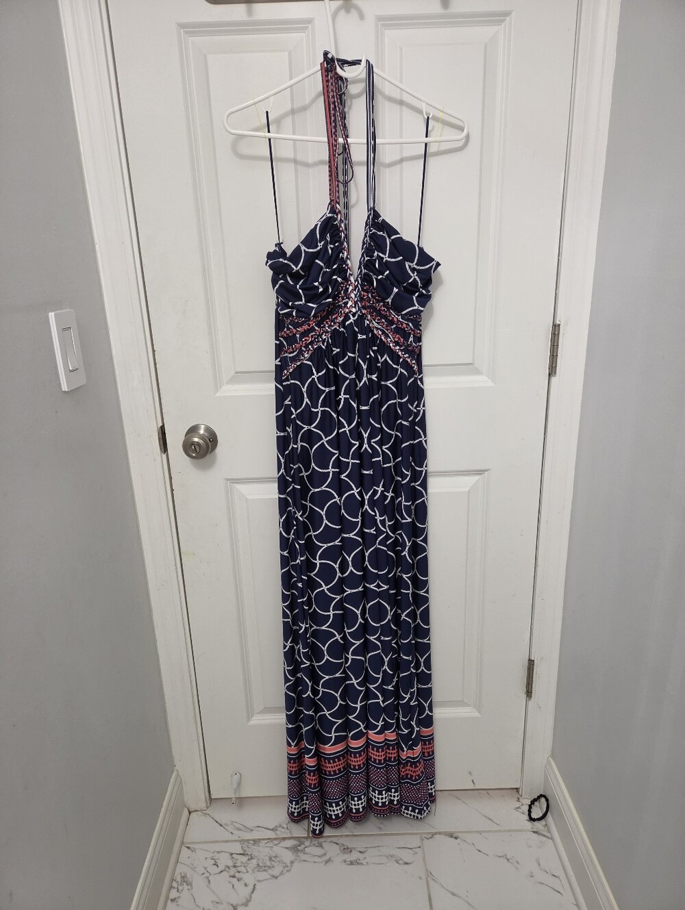 Sandiva Women's maxi dress Venice Beach Halter navyblue Crisp white lines Size M